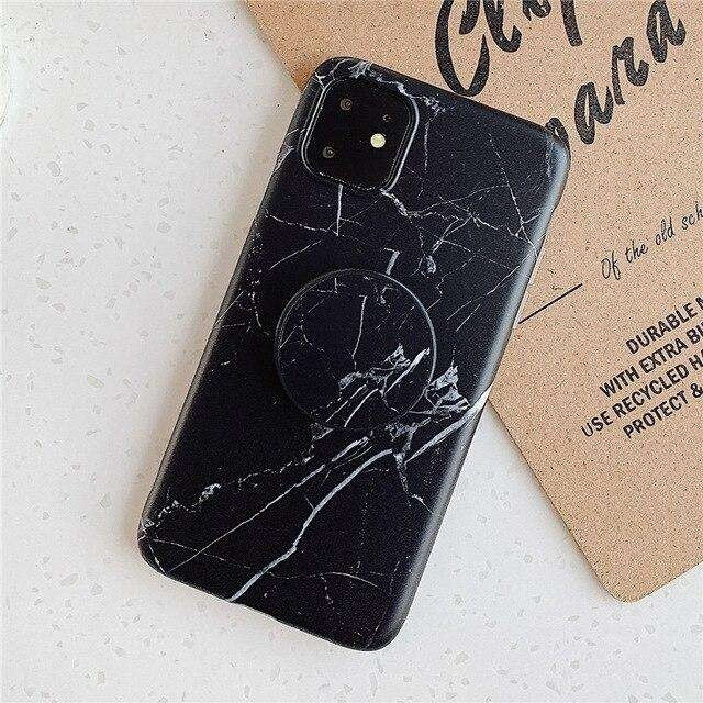 Husă iPhone 11, marmorată, cu suport inclus, negru