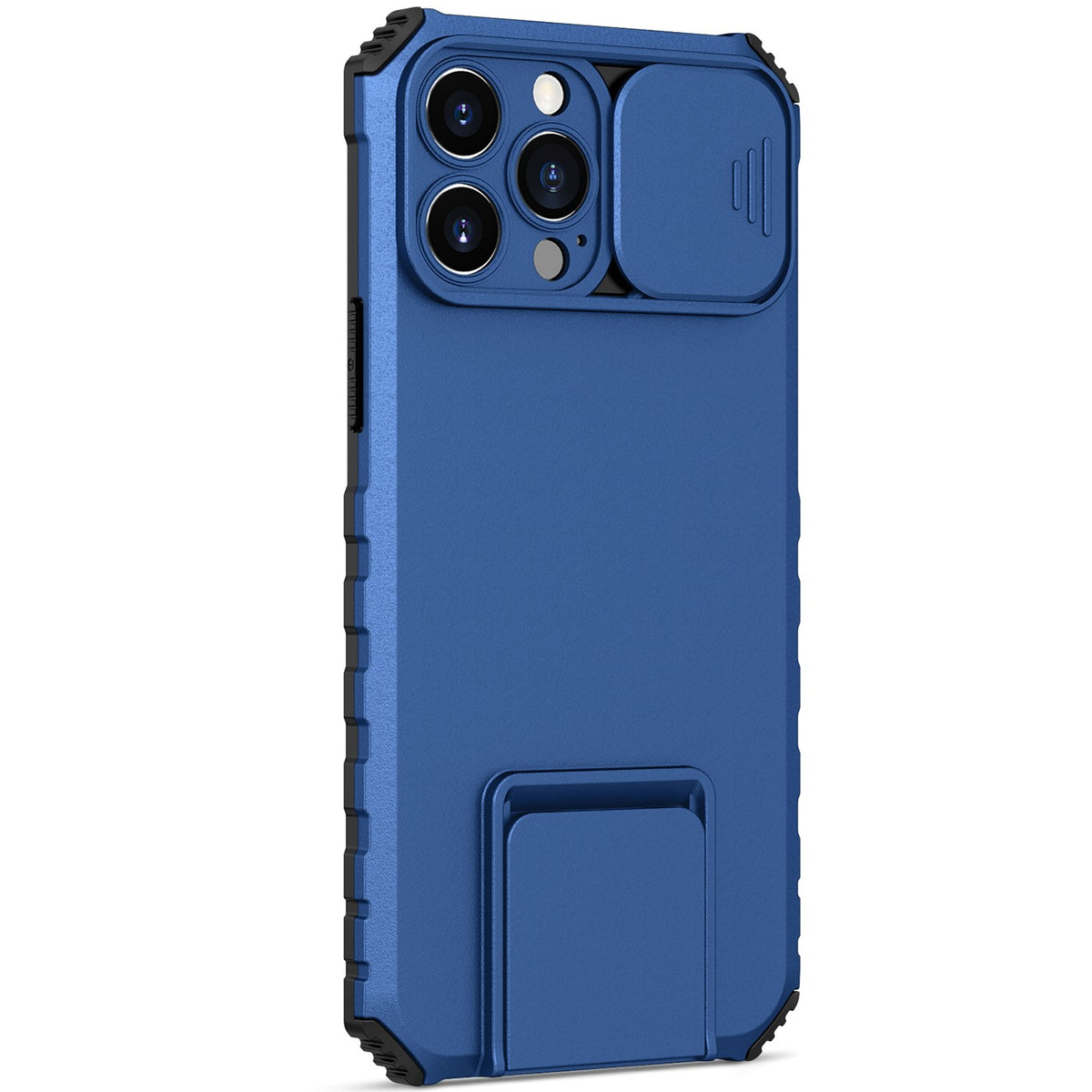 Husă iPhone 12 Pro Max, ultra-rezistentă cu suport, cu stand reglabil și capac glisant pentru cameră, albastru