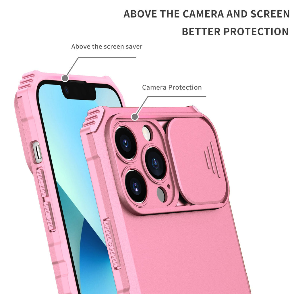 Husă iPhone 12 Pro Max, ultra-rezistentă cu suport, cu stand reglabil și capac glisant pentru cameră, roz