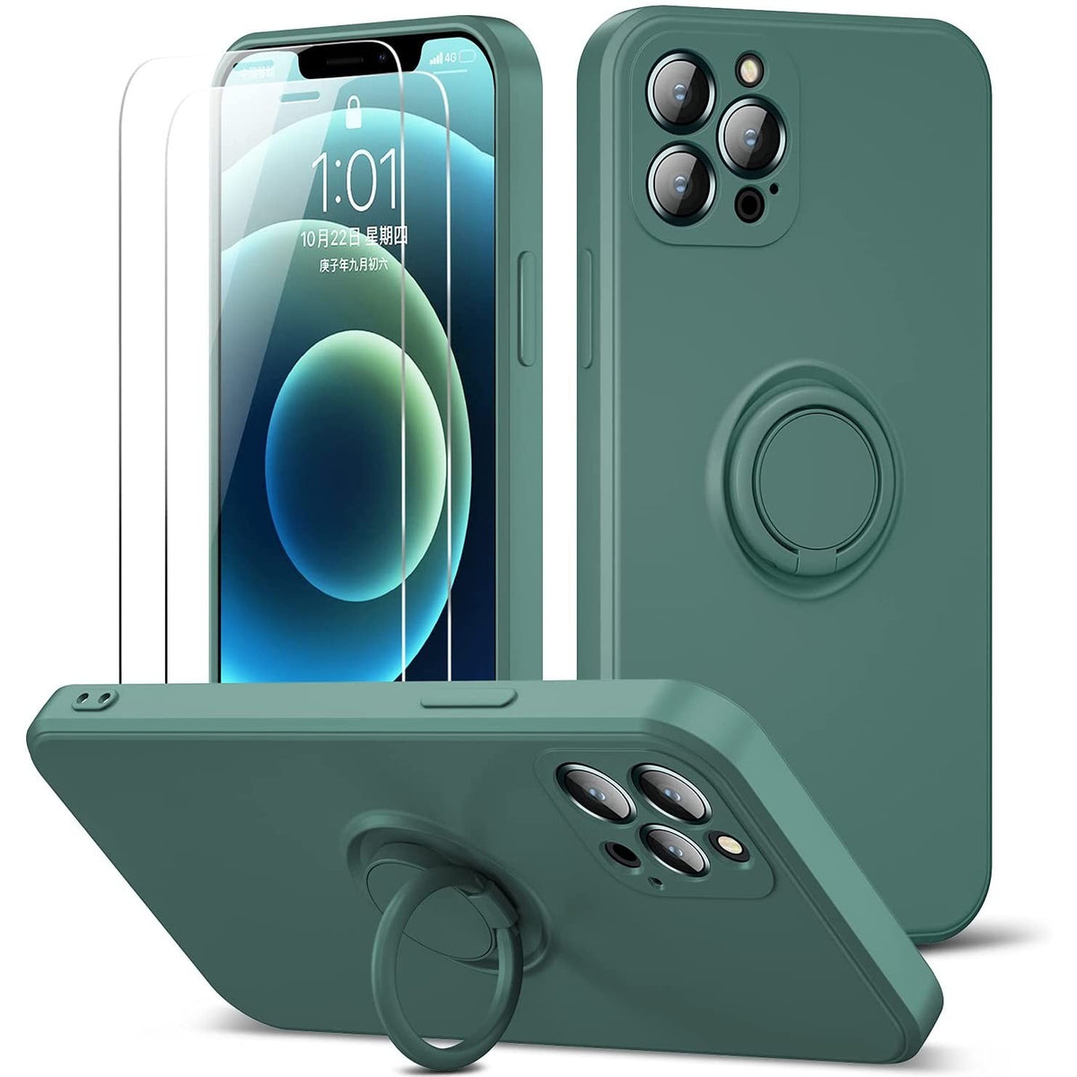 Husă iPhone 12 Pro, silicon cu inel, verde