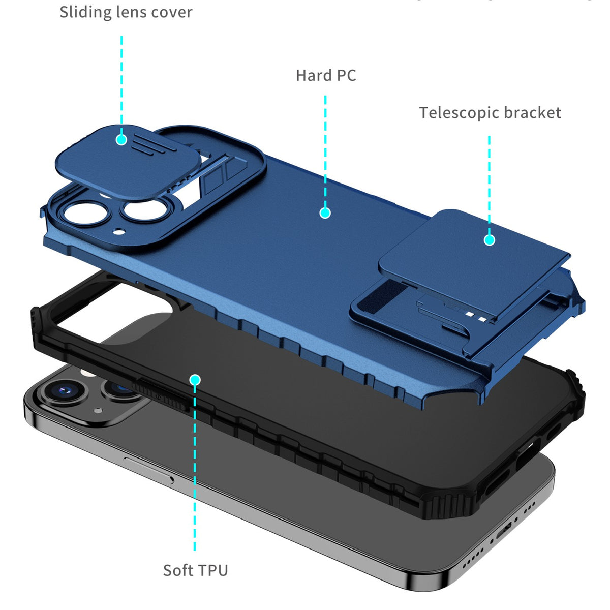 Husă iPhone 12 Pro, ultra-rezistentă cu suport, cu stand reglabil și capac glisant pentru cameră, albastru