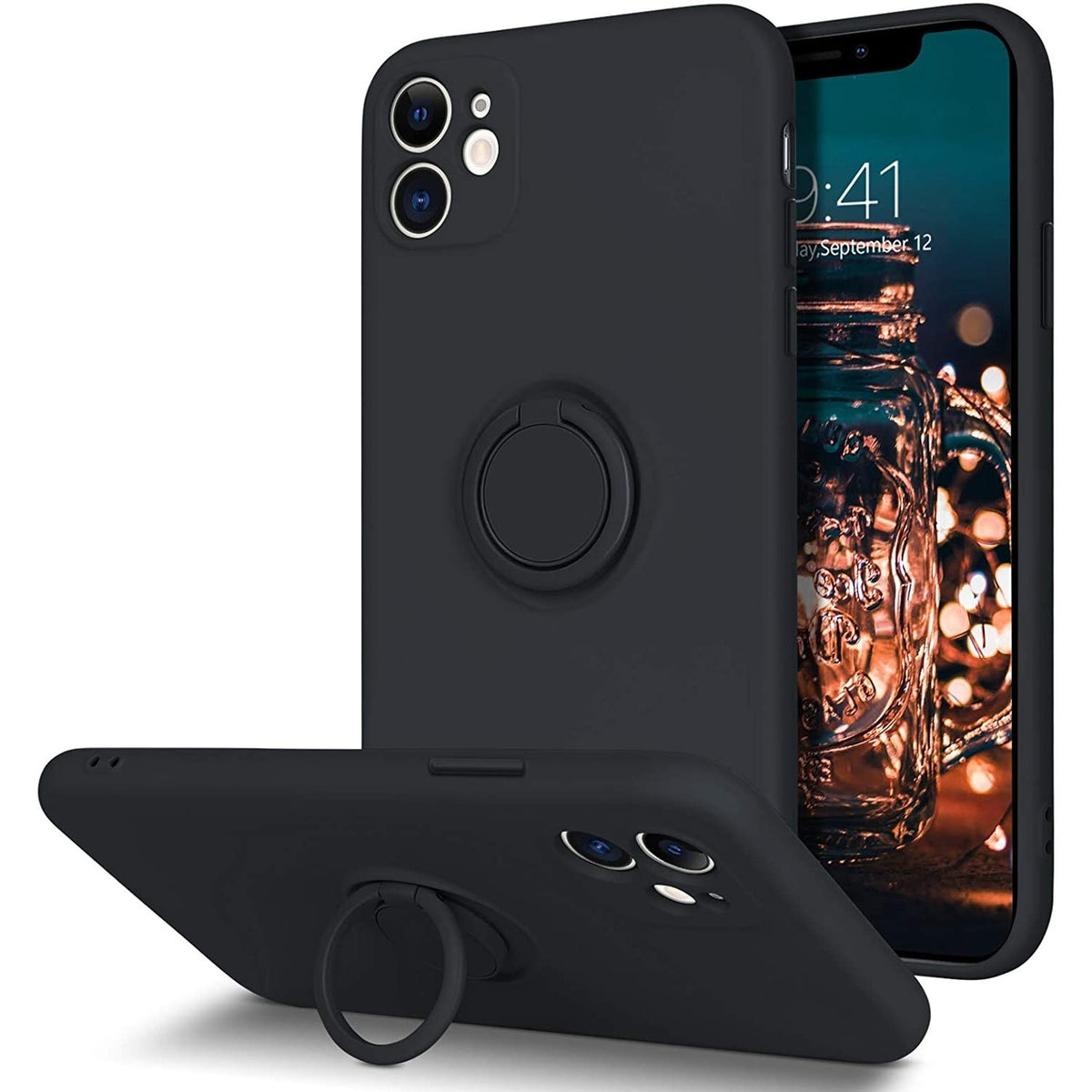 Husă iPhone 12, silicon cu inel, negru
