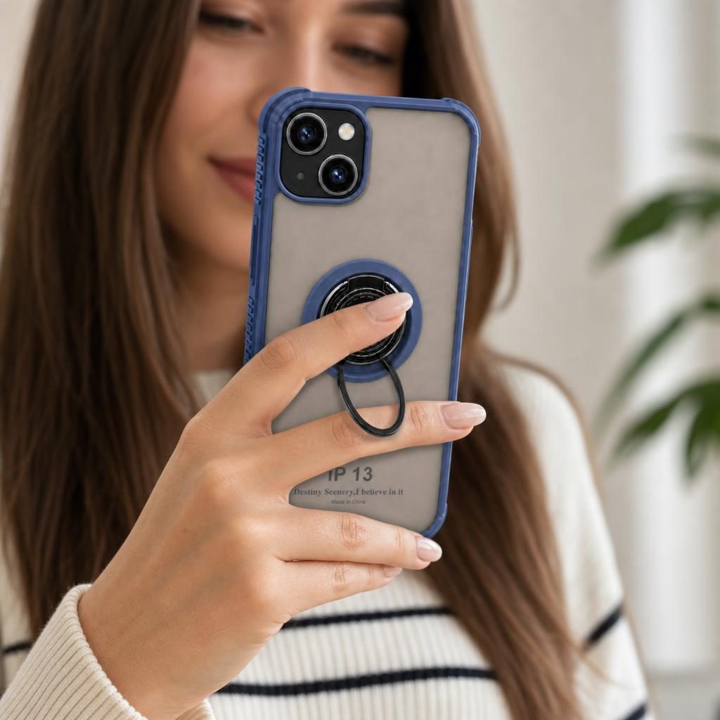 Husă iPhone 13, antișoc cu inel metalic, albastru