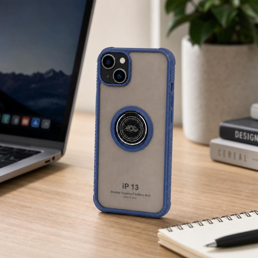 Husă iPhone 13, antișoc cu inel metalic, albastru