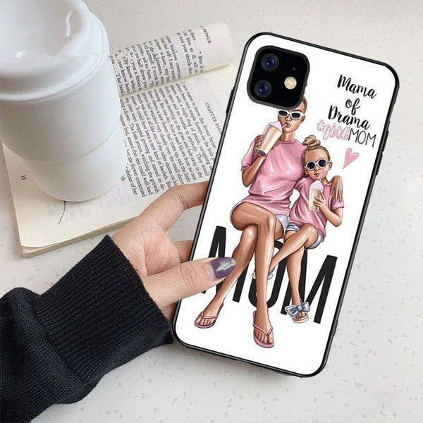 Husă iPhone 13, din sticlă, cu imprimeu, mama of drama