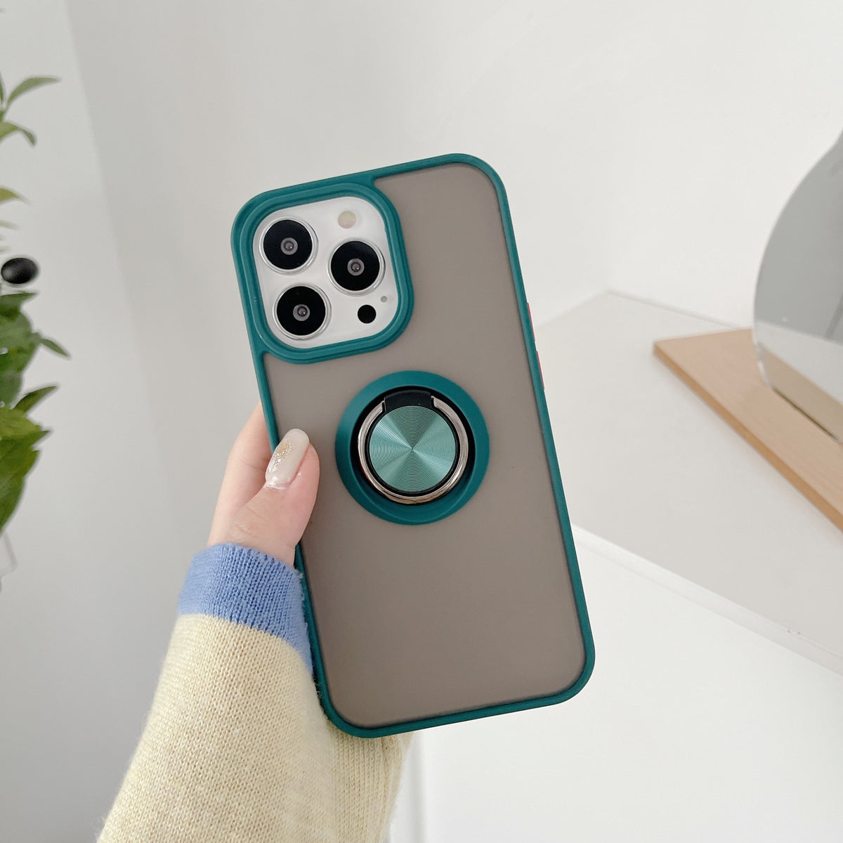 Husă iPhone 13 Mini, ultra-rezistentă cu suport, cu inel rotativ și spate mat translucid, verde