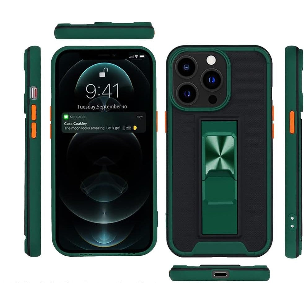 Husă iPhone 13 Mini, ultra-rezistentă cu suport, cu stand pliabil, verde închis