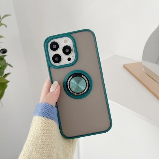 Husă iPhone 13 Pro Max, ultra-rezistentă cu suport, cu inel rotativ și spate mat translucid, verde