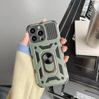 Husă iPhone 13 Pro Max, ultra-rezistentă cu suport, cu inel și capac glisant pentru cameră, verde