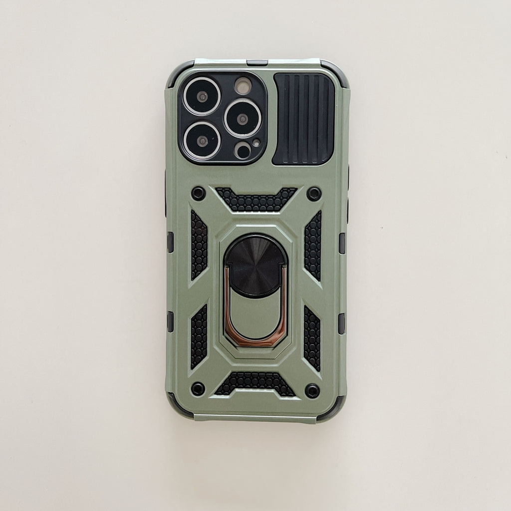 Husă iPhone 13 Pro Max, ultra-rezistentă cu suport, cu inel și capac glisant pentru cameră, verde
