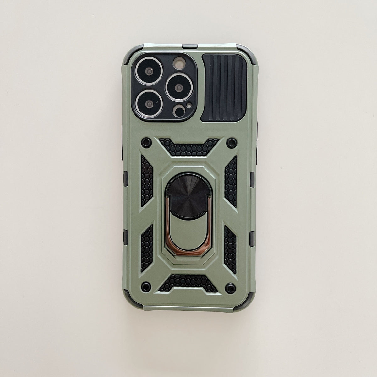 Husă iPhone 13 Pro Max, ultra-rezistentă cu suport, cu inel și capac glisant pentru cameră, verde