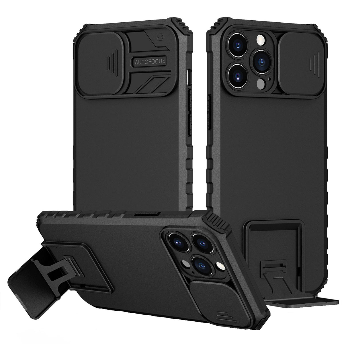 Husă iPhone 13 Pro Max, ultra-rezistentă cu suport, cu stand reglabil și capac glisant pentru cameră, negru