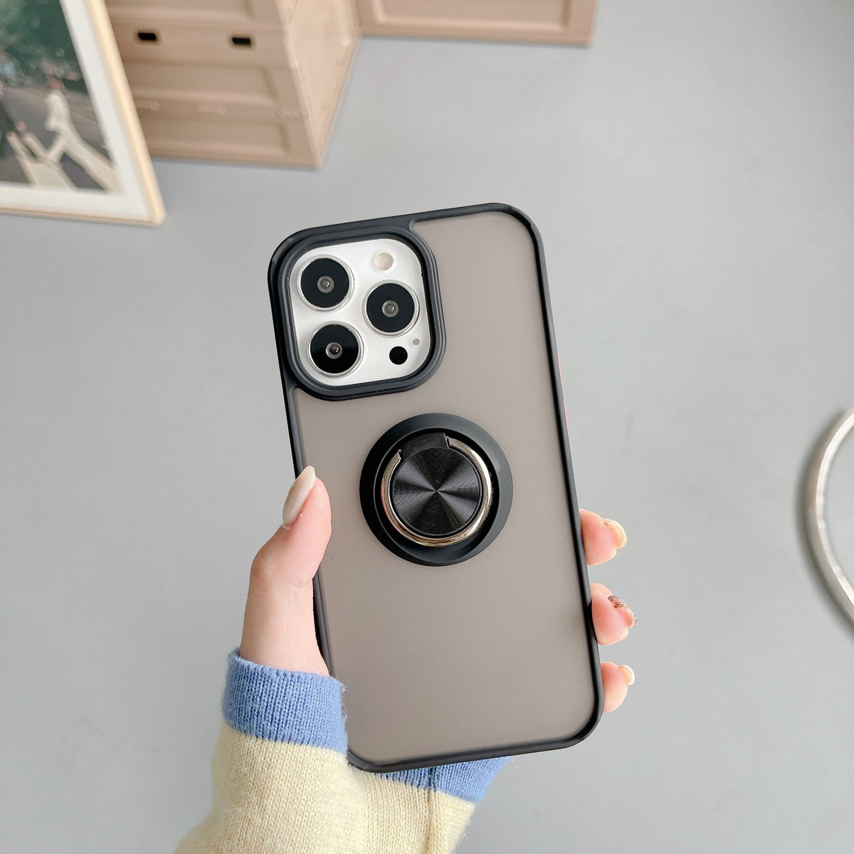 Husă iPhone 13 Pro, ultra-rezistentă cu suport, cu inel rotativ și spate mat translucid, negru
