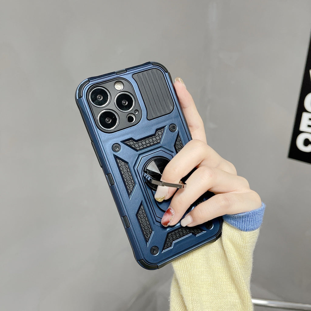 Husă iPhone 13 Pro, ultra-rezistentă cu suport, cu inel și capac glisant pentru cameră, albastru