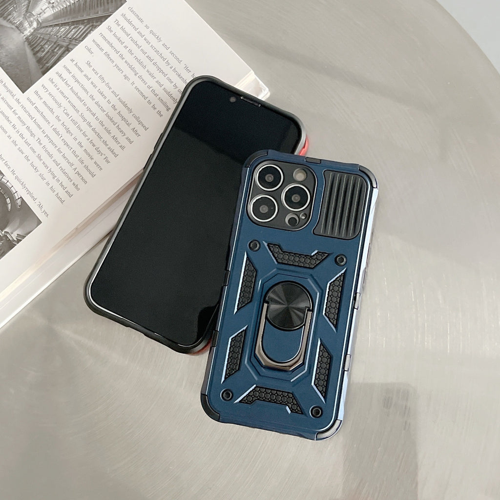Husă iPhone 13 Pro, ultra-rezistentă cu suport, cu inel și capac glisant pentru cameră, albastru