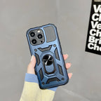 Husă iPhone 13 Pro, ultra-rezistentă cu suport, cu inel și capac glisant pentru cameră, albastru
