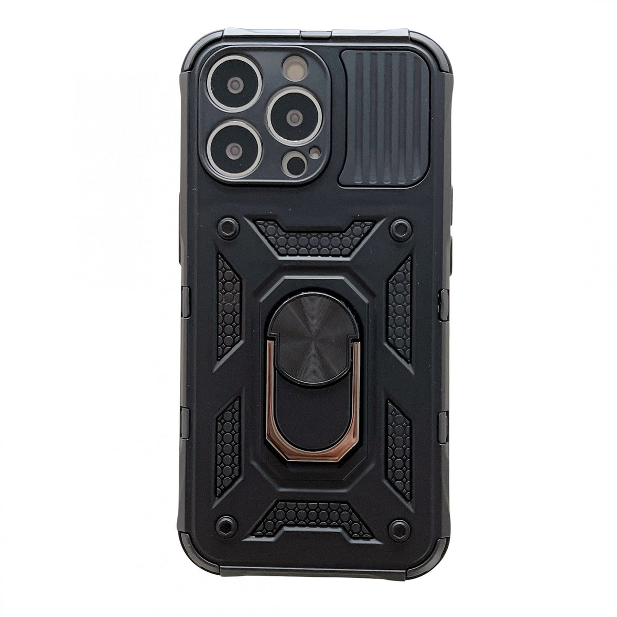 Husă iPhone 13 Pro, ultra-rezistentă cu suport, cu inel și capac glisant pentru cameră, negru