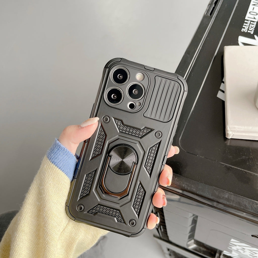 Husă iPhone 13 Pro, ultra-rezistentă cu suport, cu inel și capac glisant pentru cameră, negru