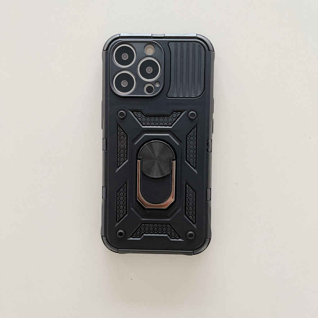 Husă iPhone 13 Pro, ultra-rezistentă cu suport, cu inel și capac glisant pentru cameră, negru