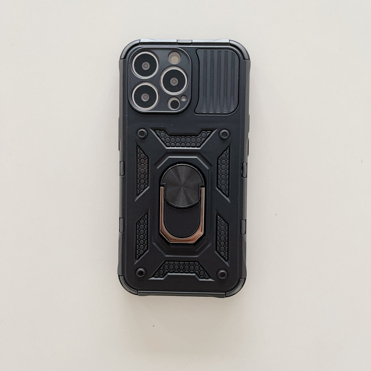 Husă iPhone 13 Pro, ultra-rezistentă cu suport, cu inel și capac glisant pentru cameră, negru