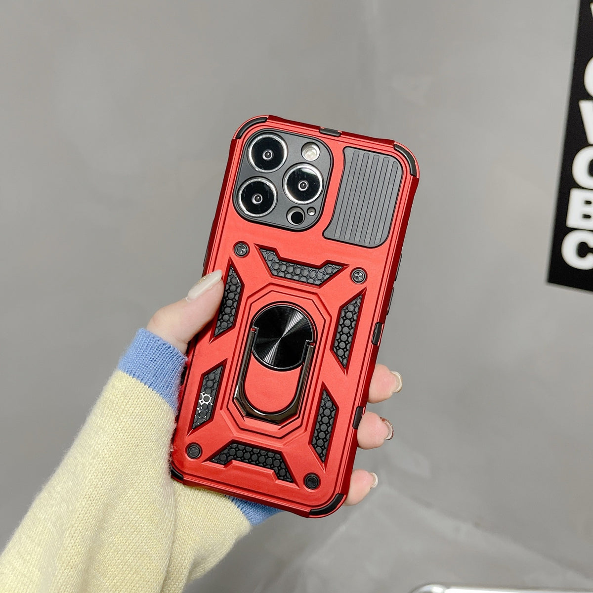 Husă iPhone 13 Pro, ultra-rezistentă cu suport, cu inel și capac glisant pentru cameră, roșu