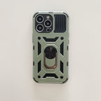 Husă iPhone 13 Pro, ultra-rezistentă cu suport, cu inel și capac glisant pentru cameră, verde