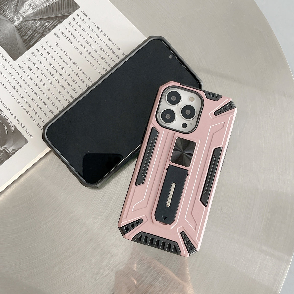Husă iPhone 13 Pro, ultra-rezistentă cu suport, cu stand pliabil, roz