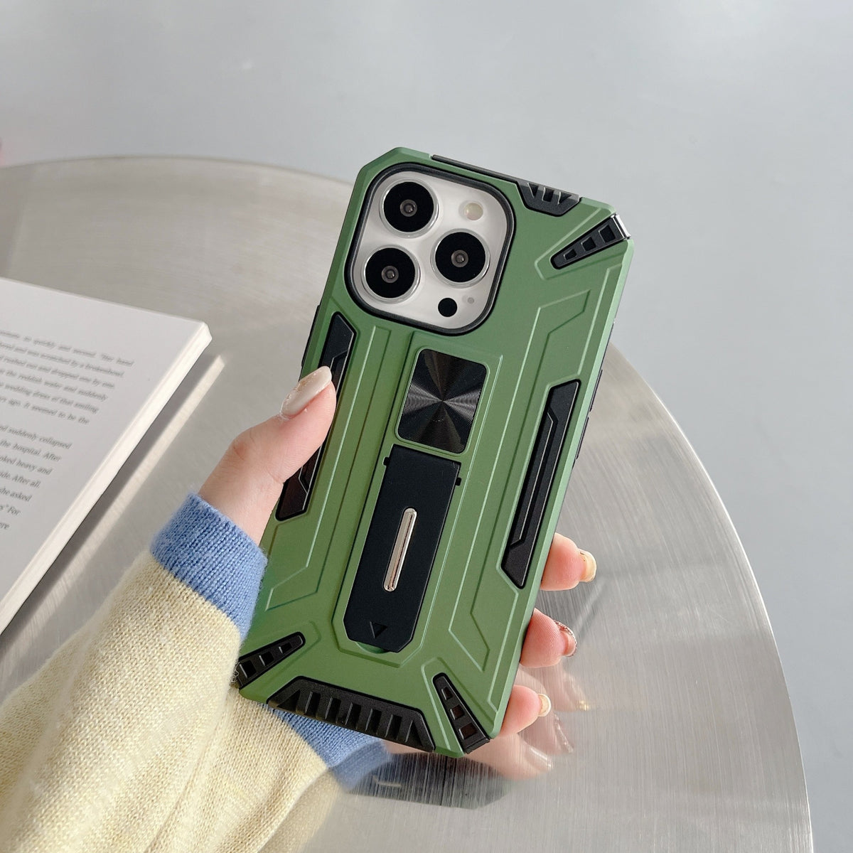 Husă iPhone 13 Pro, ultra-rezistentă cu suport, cu stand pliabil, verde