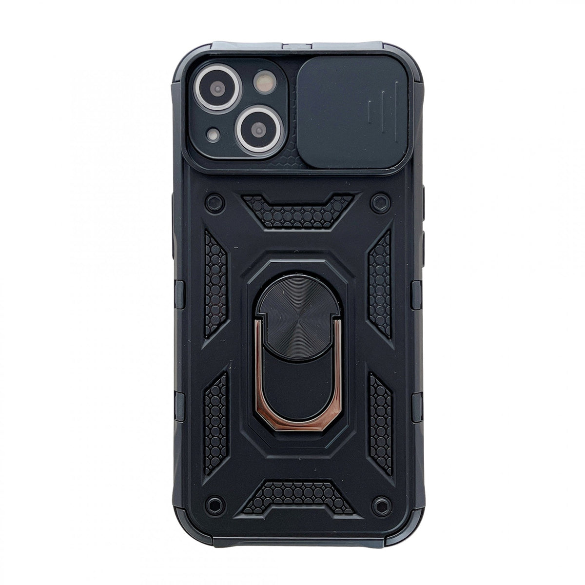 Husă iPhone 13, ultra-rezistentă cu suport, cu inel și capac glisant pentru cameră, negru
