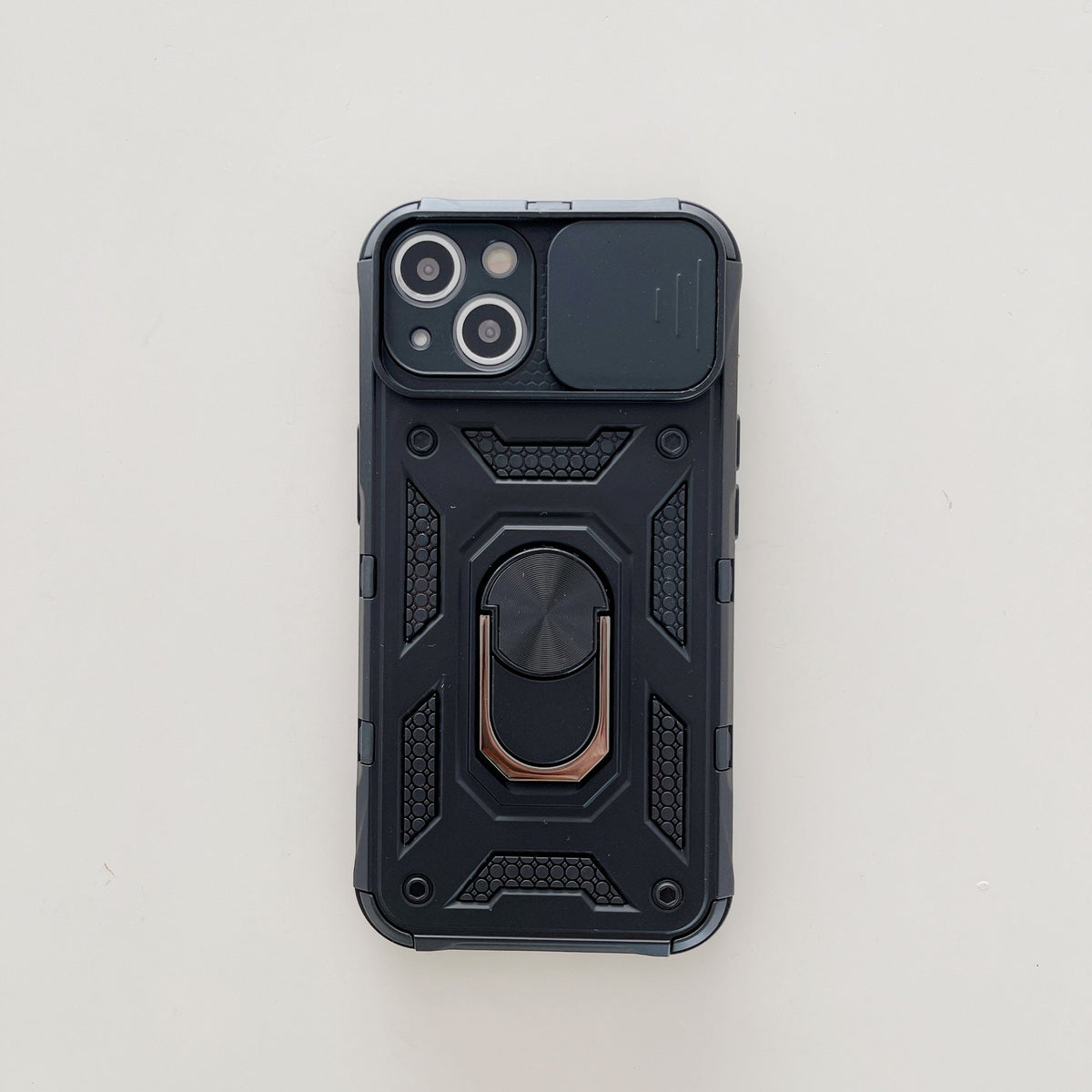 Husă iPhone 13, ultra-rezistentă cu suport, cu inel și capac glisant pentru cameră, negru