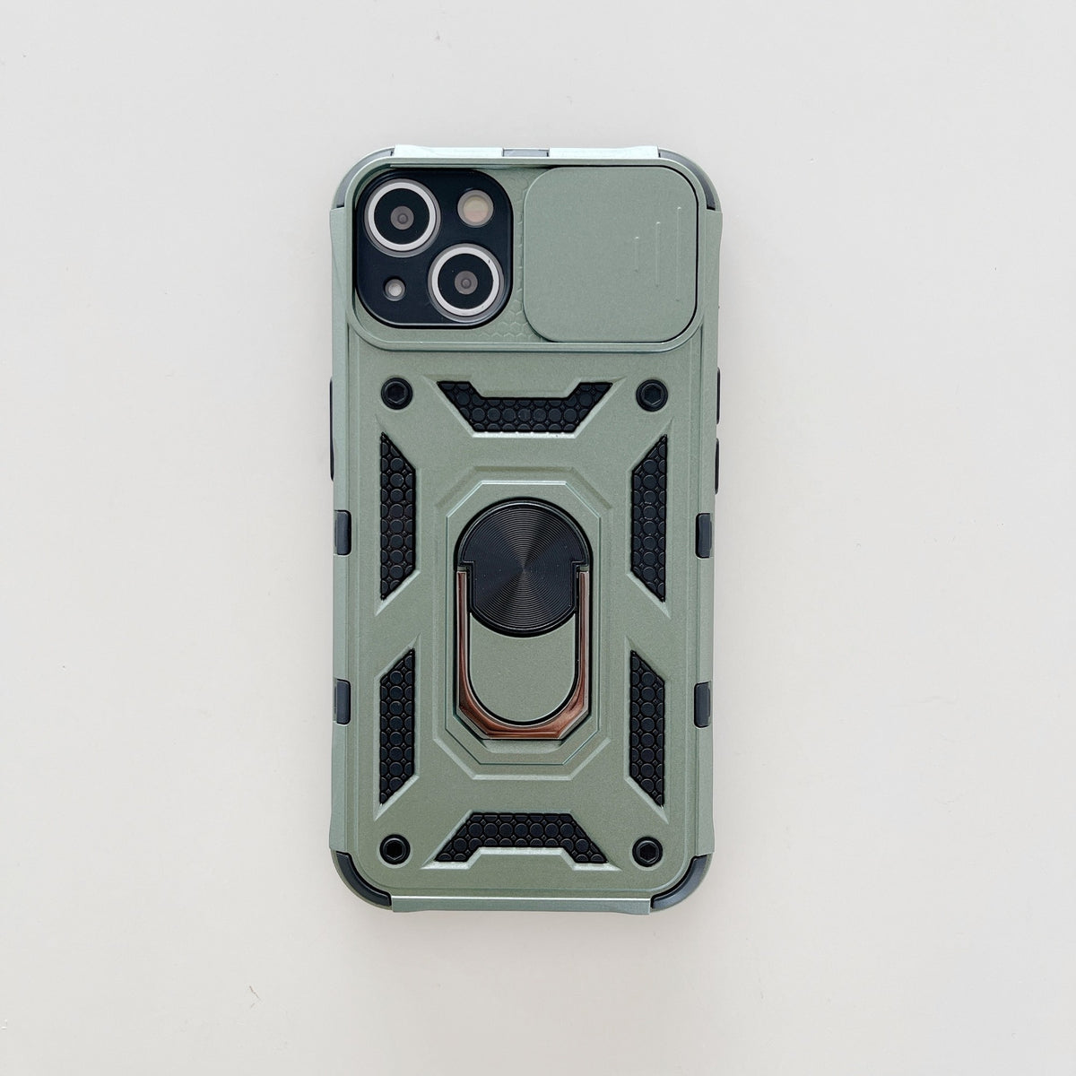 Husă iPhone 13, ultra-rezistentă cu suport, cu inel și capac glisant pentru cameră, verde