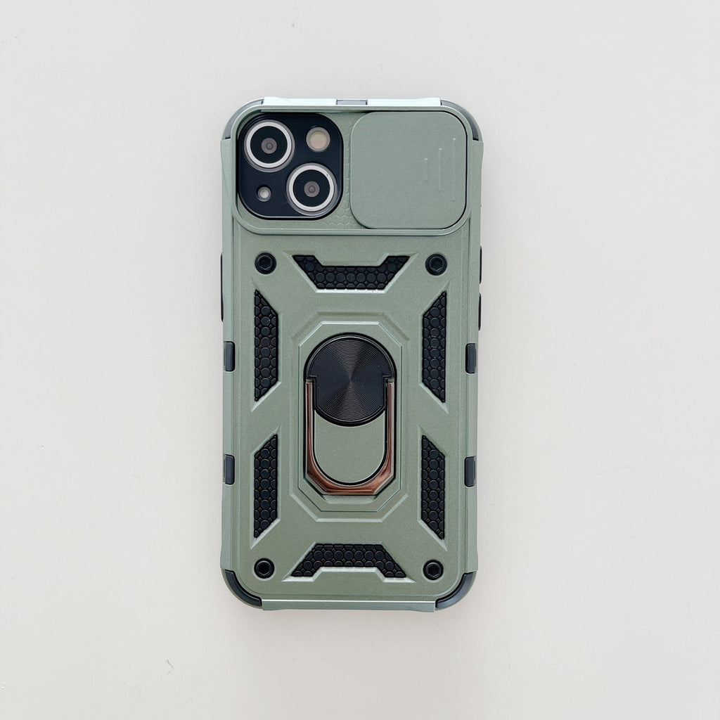 Husă iPhone 13, ultra-rezistentă cu suport, cu inel și capac glisant pentru cameră, verde