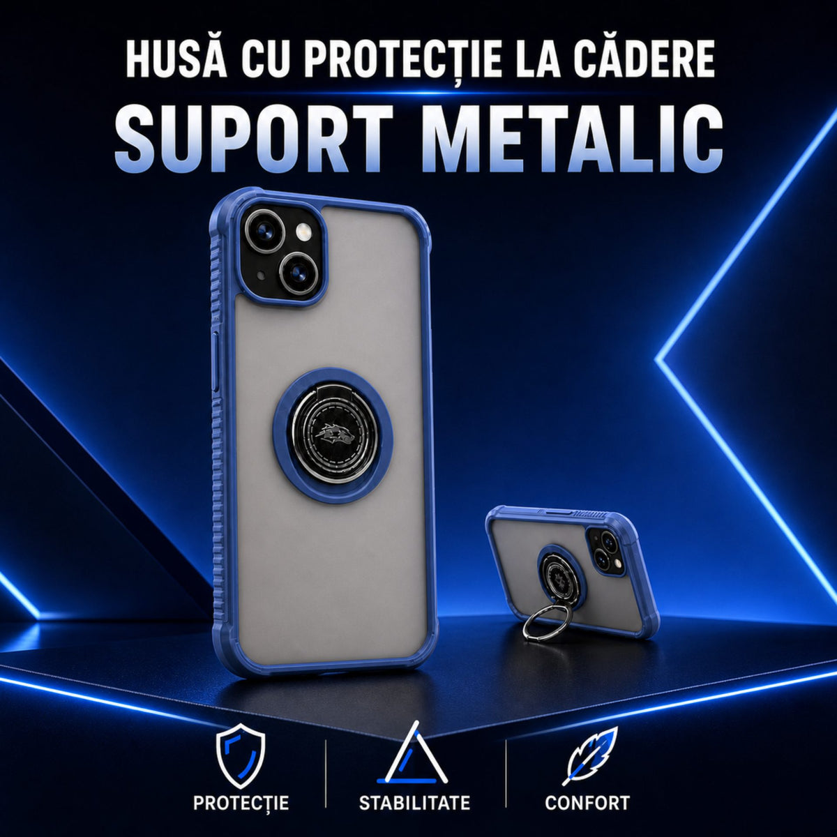 Husă iPhone 14, antișoc cu inel metalic, albastru