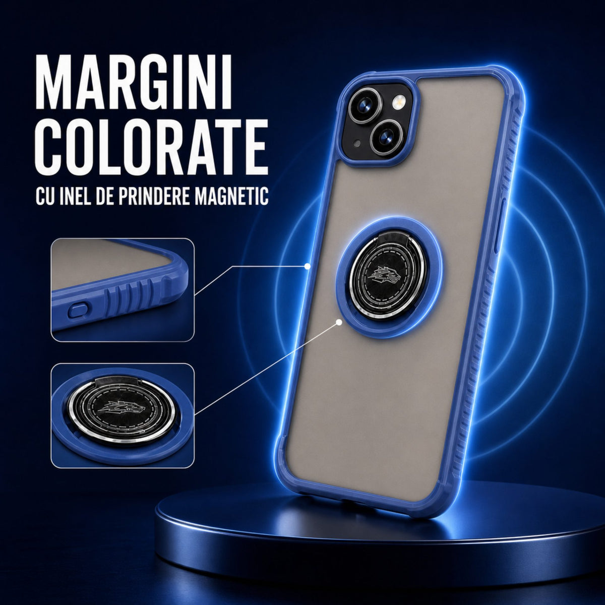 Husă iPhone 14, antișoc cu inel metalic, albastru