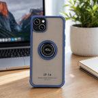 Husă iPhone 14, antișoc cu inel metalic, albastru