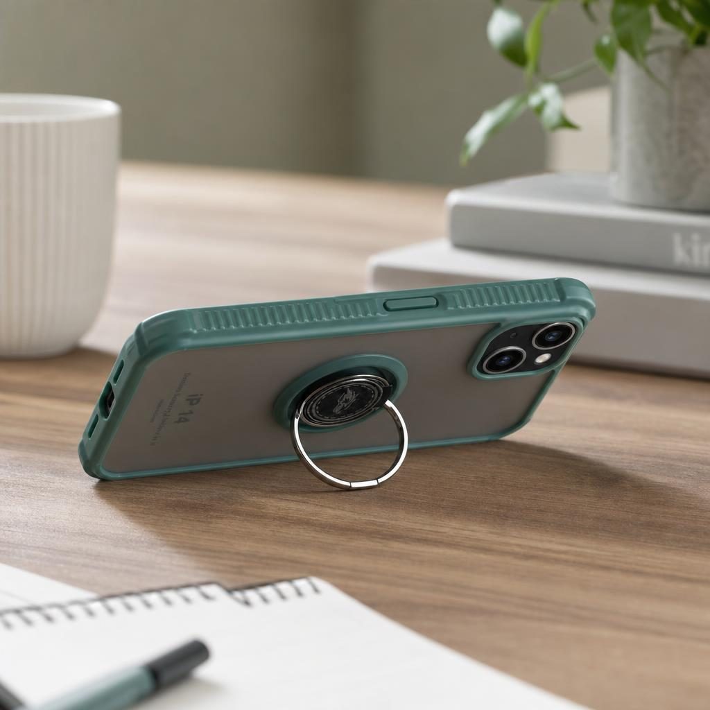 Husă iPhone 14, antișoc cu inel metalic, verde