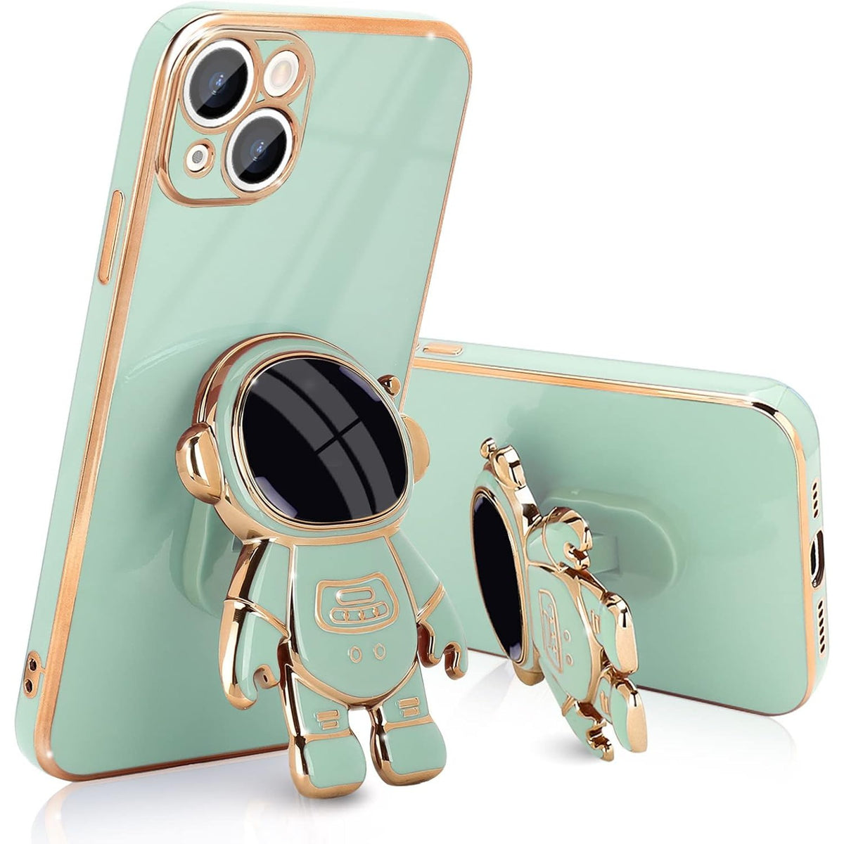Husă iPhone 14, antișoc, cu suport în formă de astronaut, verde