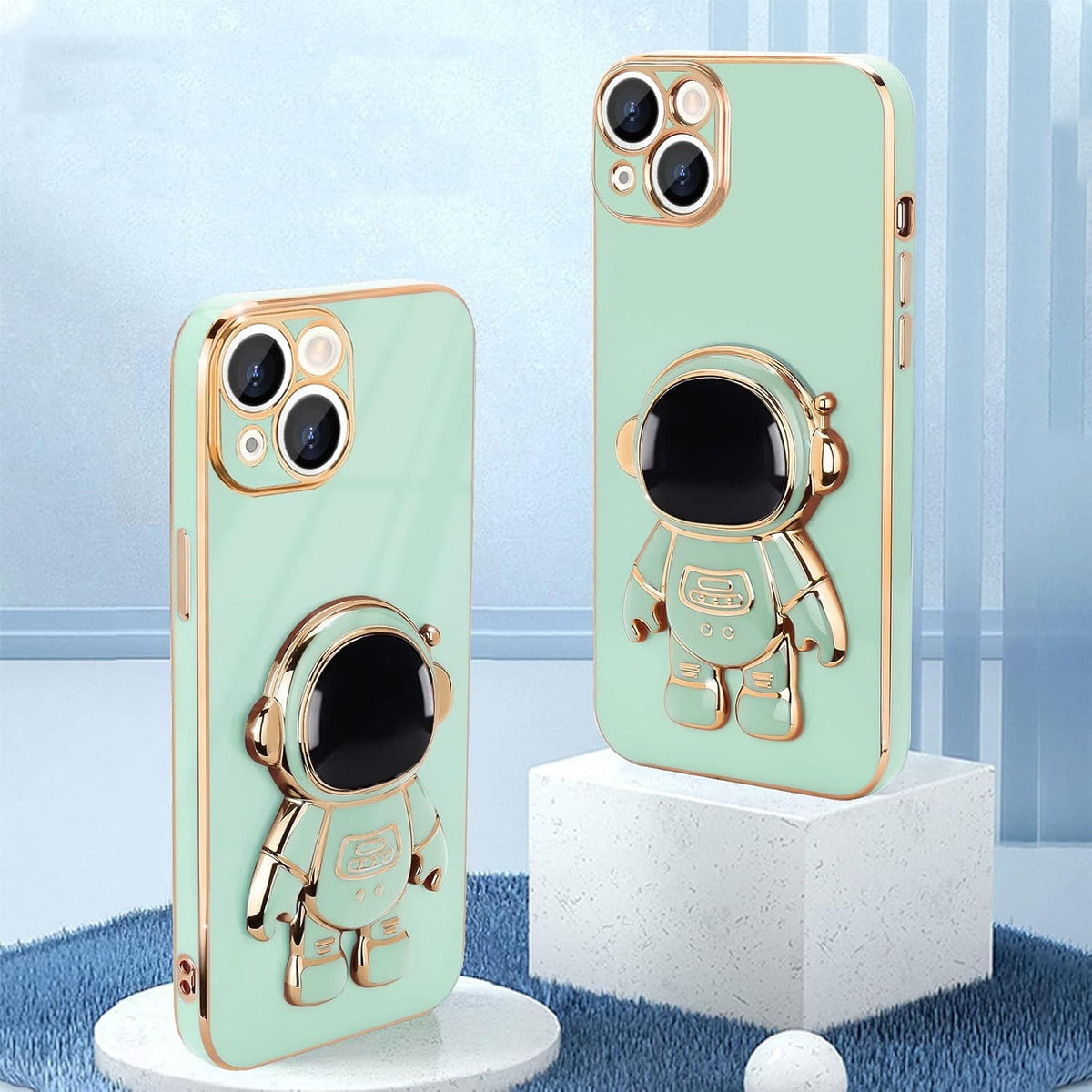 Husă iPhone 14, antișoc, cu suport în formă de astronaut, verde