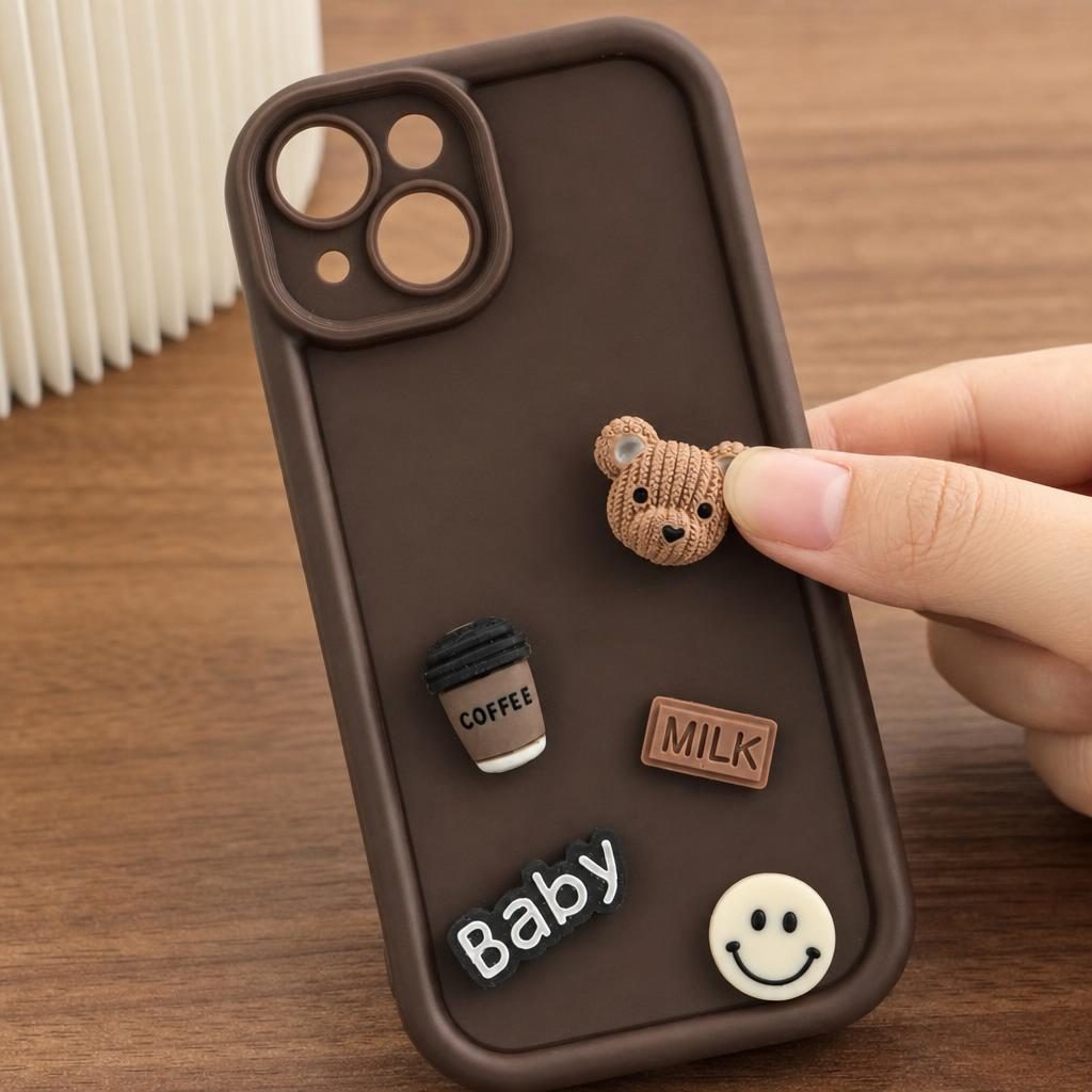 Husă iPhone 14, cu ursuleți 3D, maro