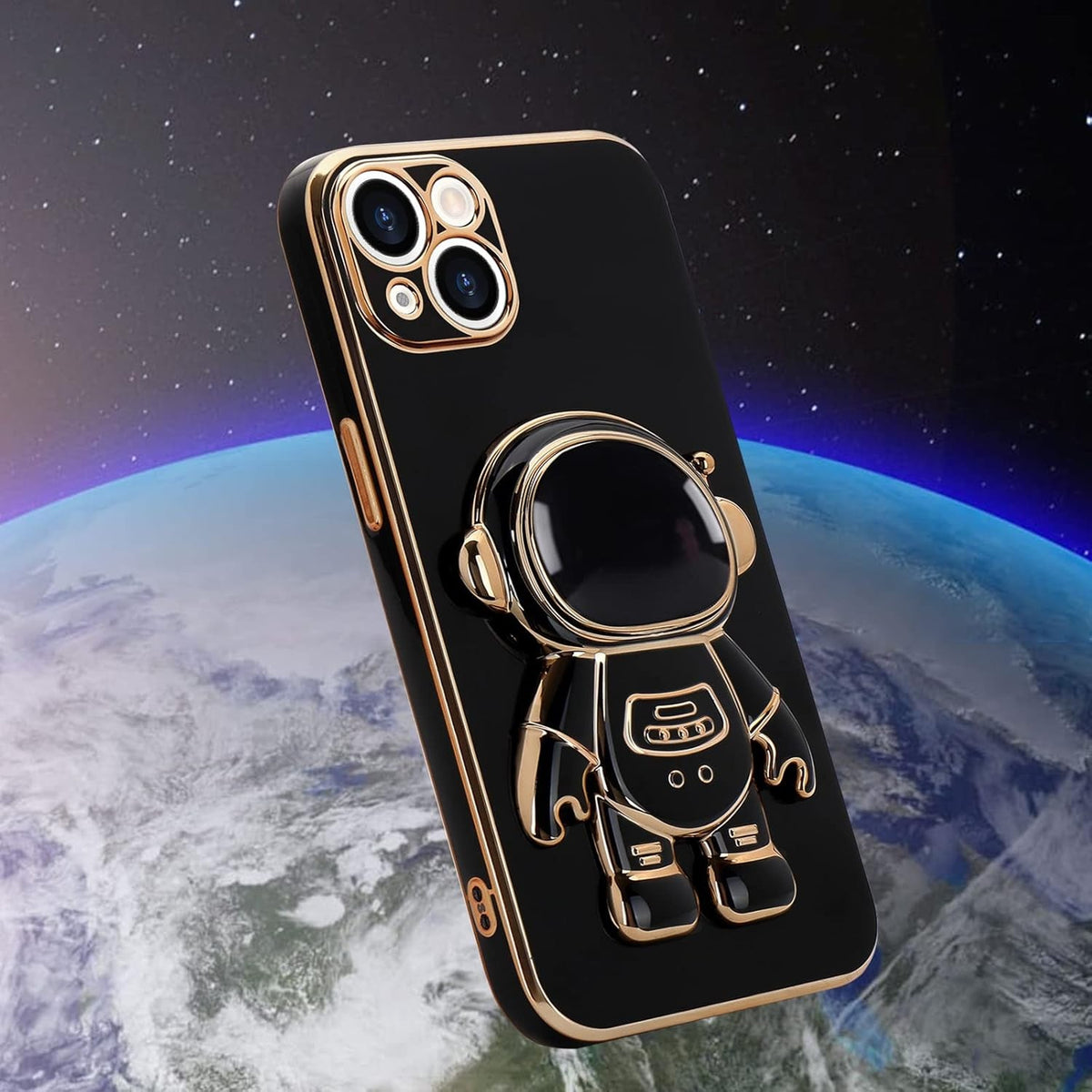 Husă iPhone 14 Plus, antișoc, cu suport în formă de astronaut, negru