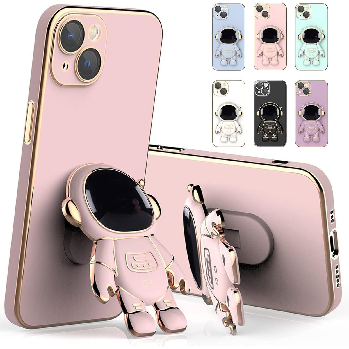 Husă iPhone 14 Plus, antișoc, cu suport în formă de astronaut, roz