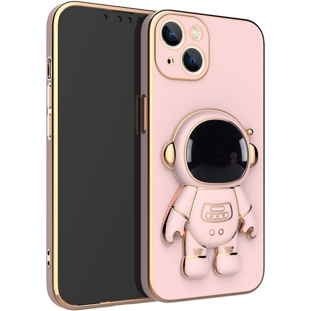 Husă iPhone 14 Plus, antișoc, cu suport în formă de astronaut, roz