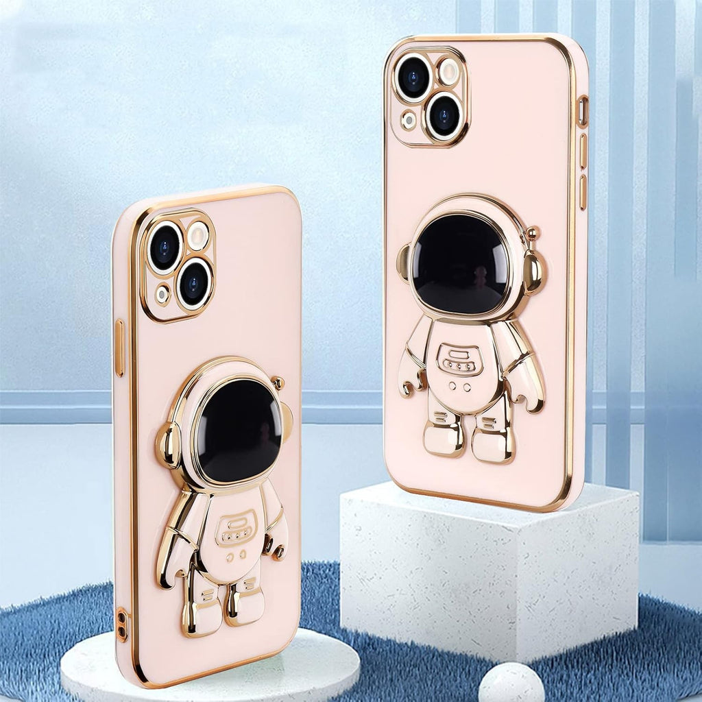 Husă iPhone 14 Plus, antișoc, cu suport în formă de astronaut, roz