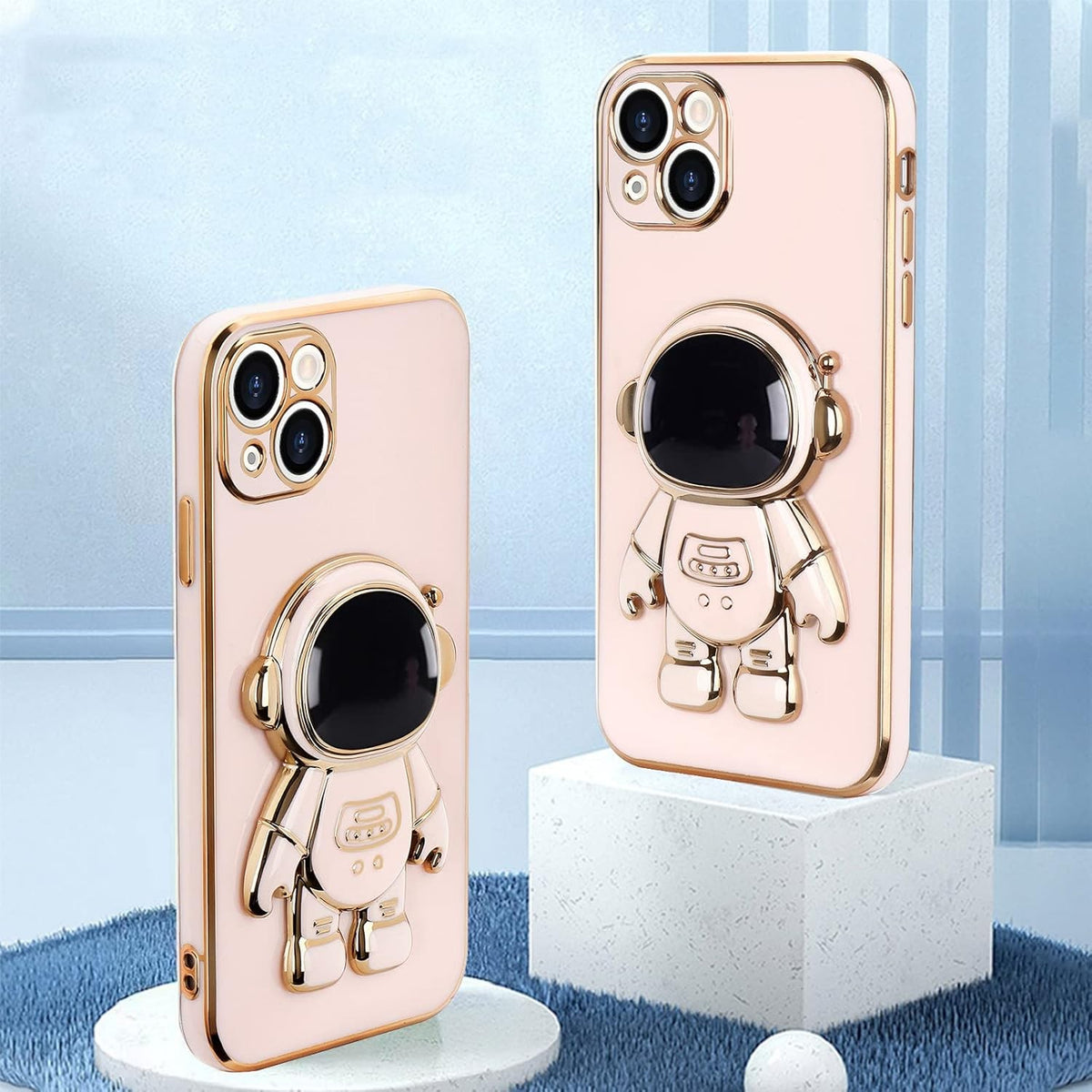 Husă iPhone 14 Plus, antișoc, cu suport în formă de astronaut, roz