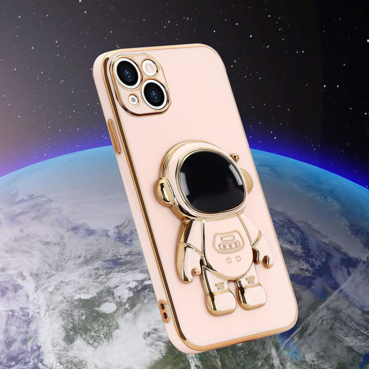 Husă iPhone 14 Plus, antișoc, cu suport în formă de astronaut, roz