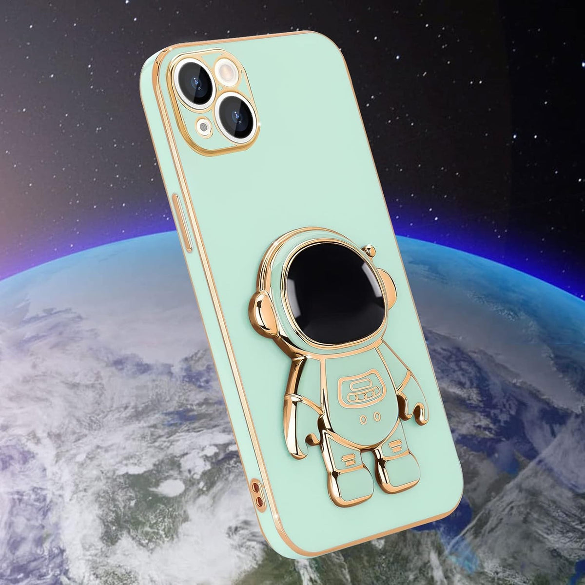 Husă iPhone 14 Plus, antișoc, cu suport în formă de astronaut, verde