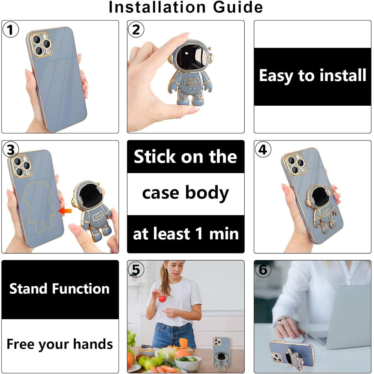 Husă iPhone 14 Pro, antișoc, cu suport în formă de astronaut, albastru