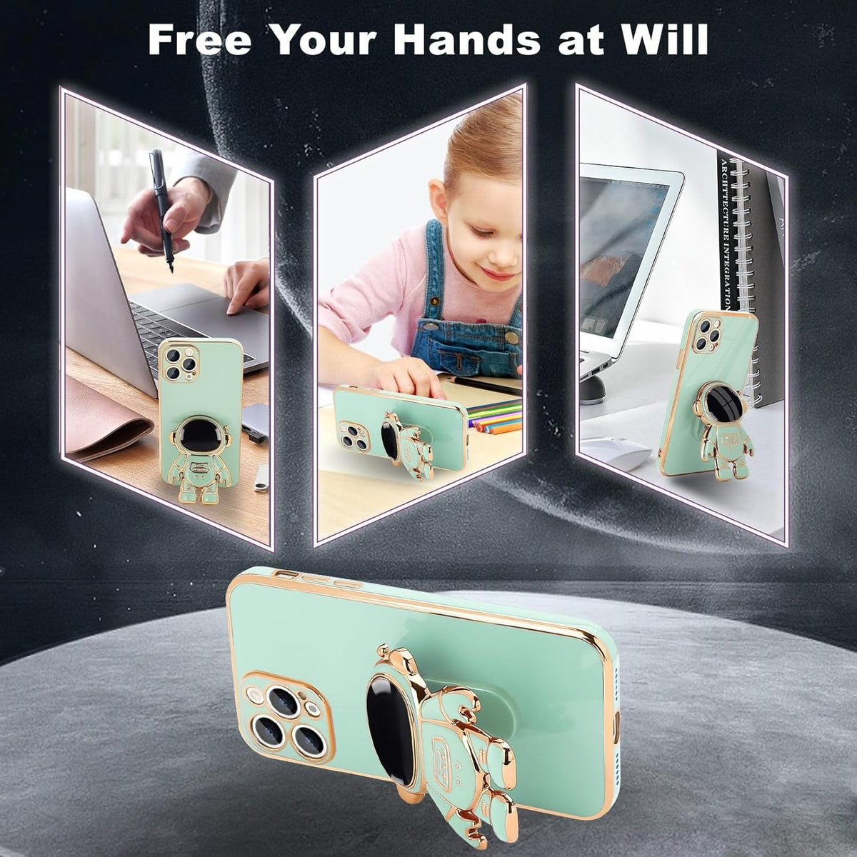 Husă iPhone 14 Pro Max, antișoc, cu suport în formă de astronaut, verde