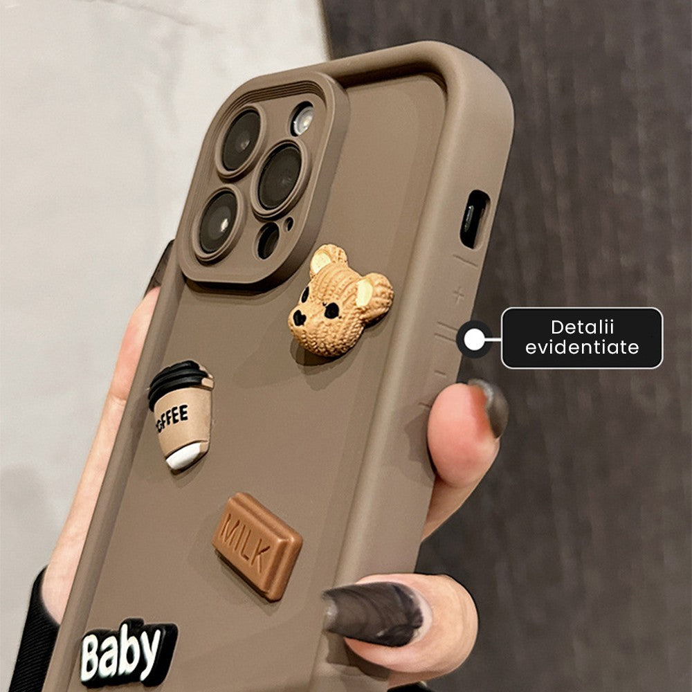 Husă iPhone 14 Pro Max, cu ursuleți 3D, maro