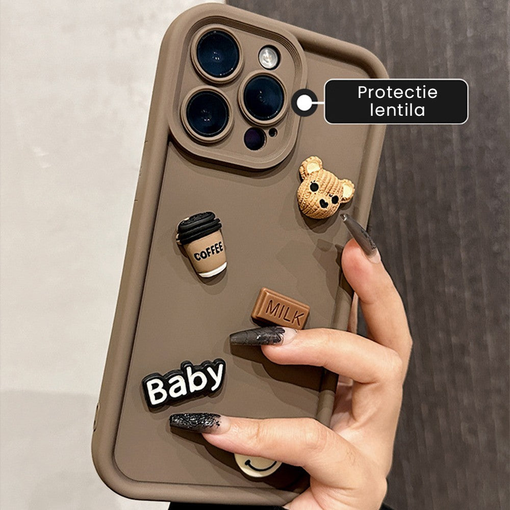 Husă iPhone 14 Pro Max, cu ursuleți 3D, maro